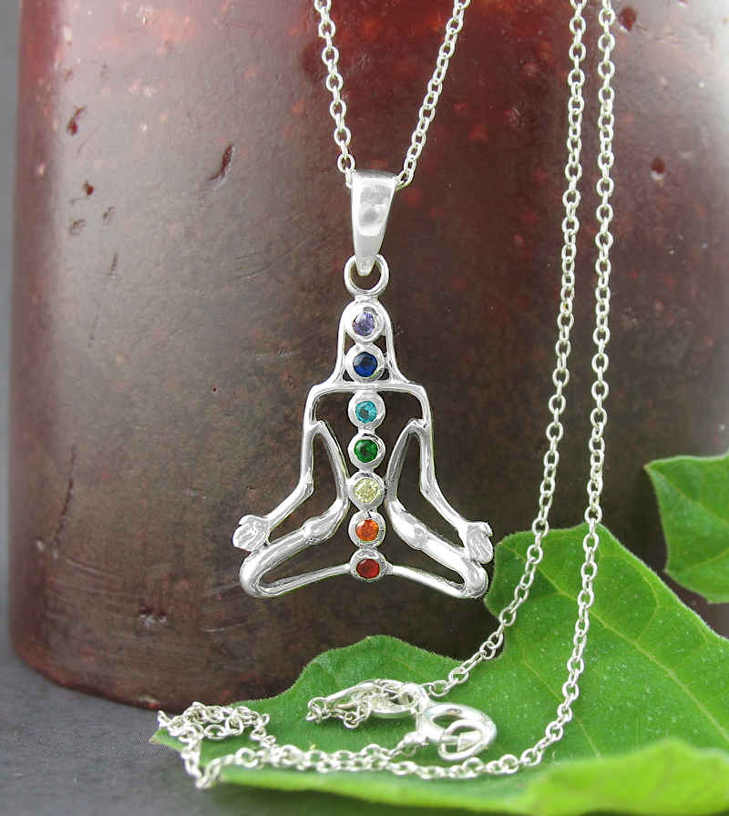 Lotus Pose Yoga Chakra Crystals Pendant Sterling Silver Necklace