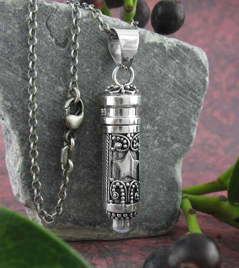 Crescent Moon & Star Poison Vial Locket Pendant With Moonstone