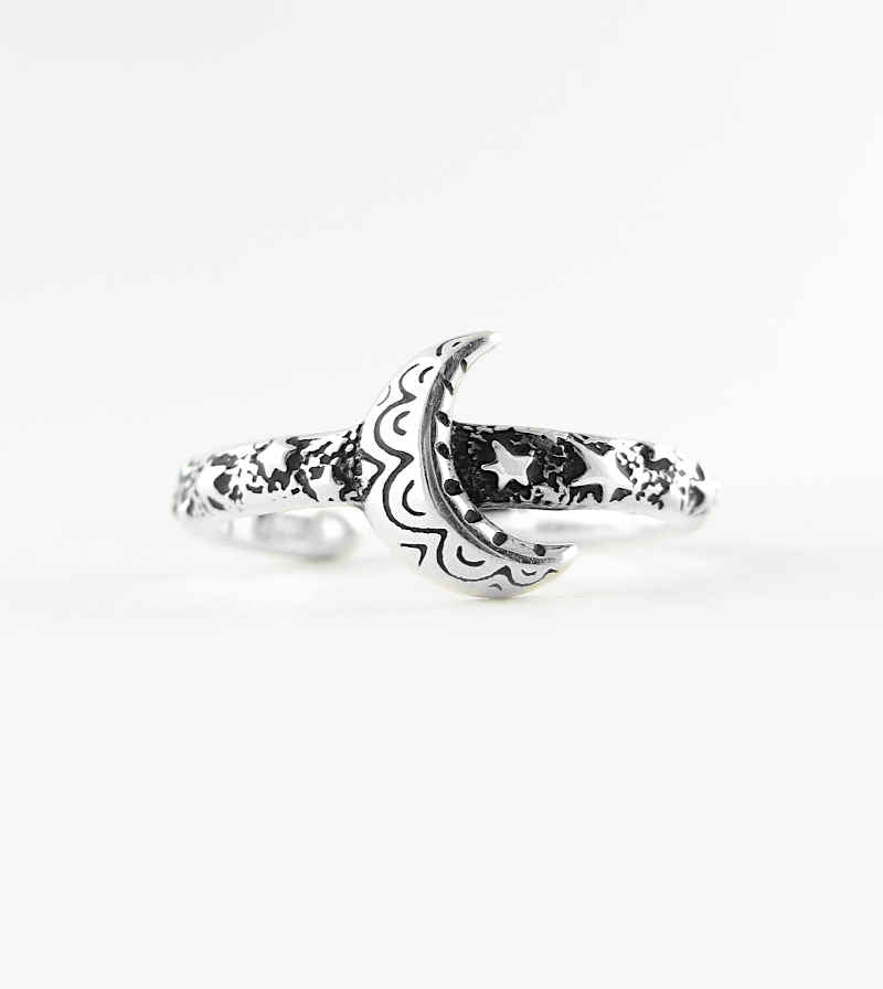 Crescent Moon With Stars Oxidized Toe / Midi Ring, Adjustable | Woot & Hammy