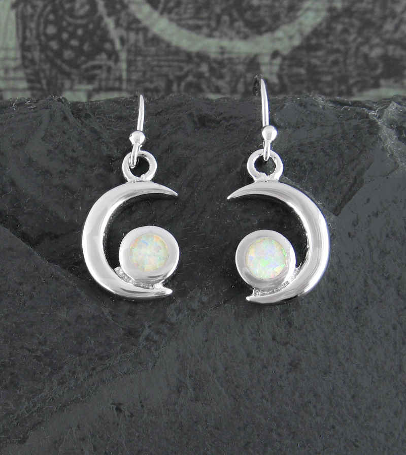 Crescent Moon With Lab Opal Cabochon Hook Earrings | Woot & Hammy