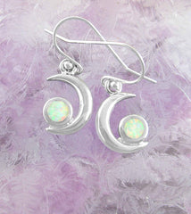 Crescent Moon With Lab Opal Cabochon Hook Earrings | Woot & Hammy