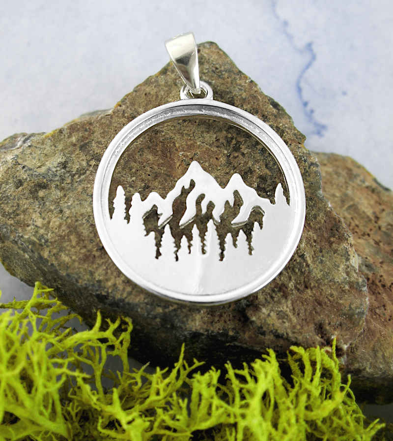 Rugged Mountains & Pine Trees Outline Round Pendant
