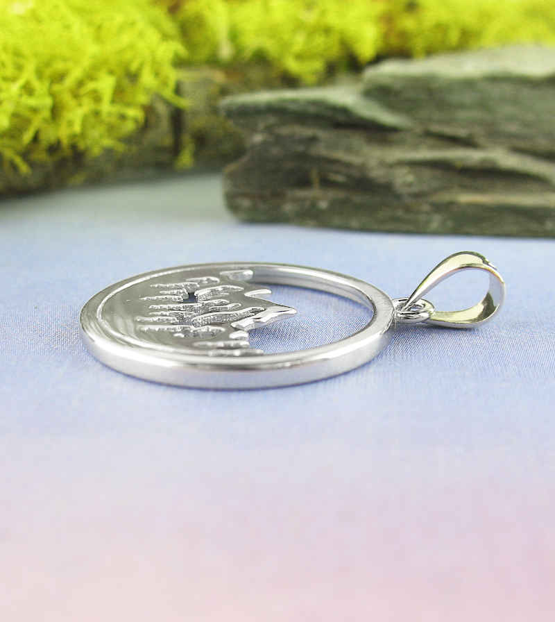 Rugged Mountains & Pine Trees Outline Round Pendant