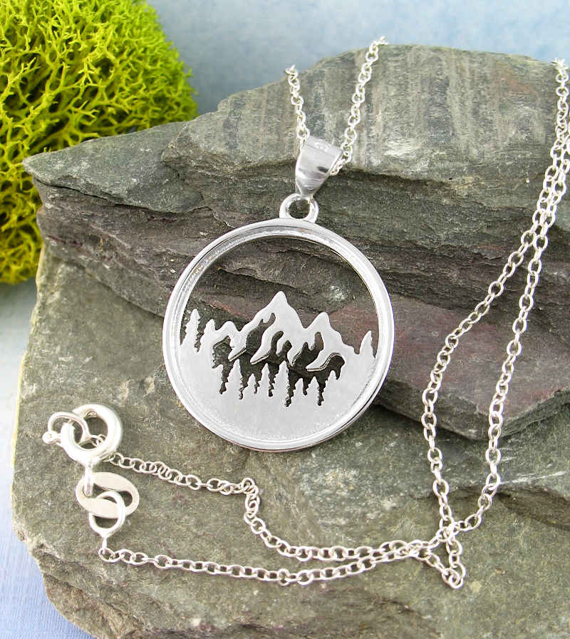 Rugged Mountains & Pine Trees Outline Round Pendant