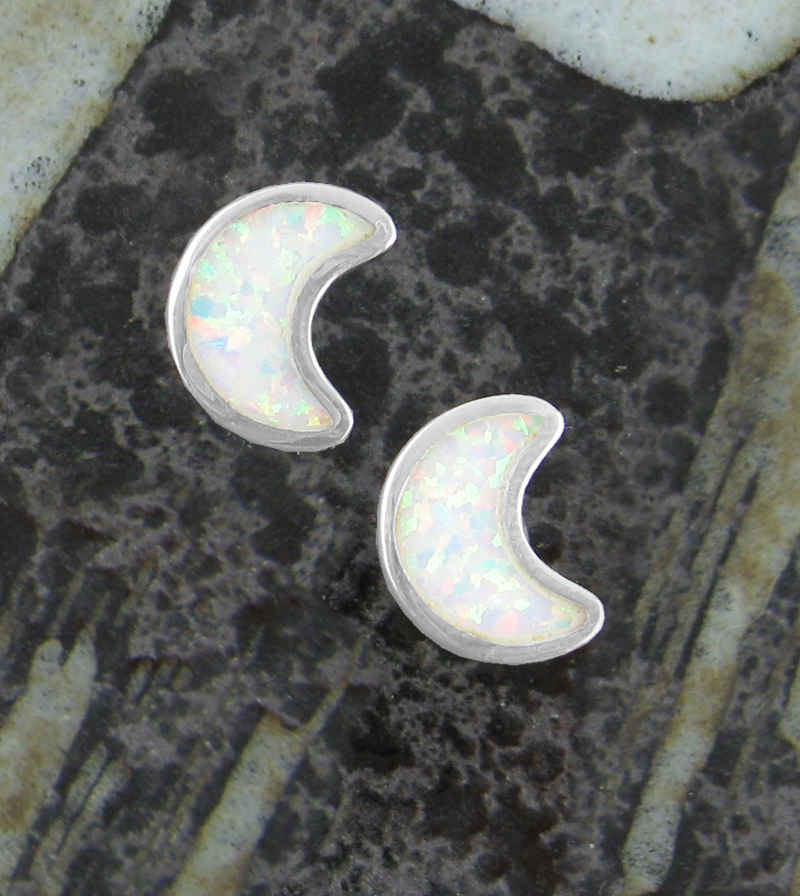 Cute Crescent Moon With Lab Opal Post Earrings | Woot & Hammy