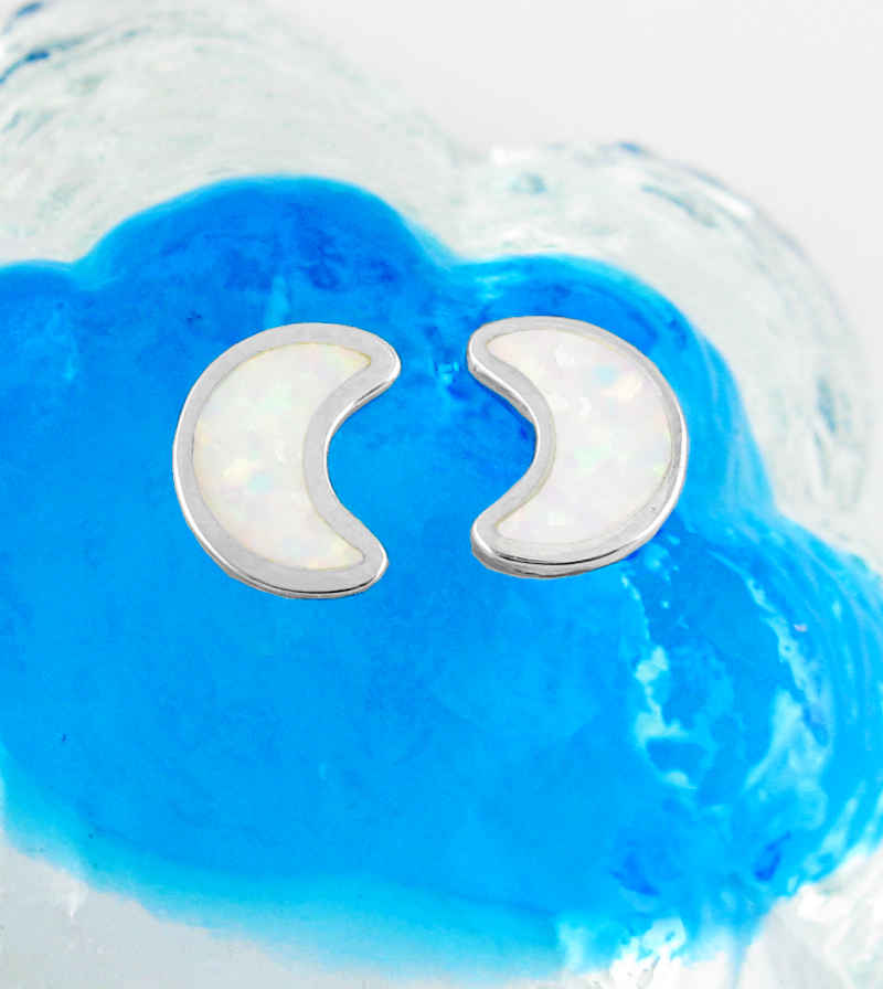 Cute Crescent Moon With Lab Opal Post Earrings | Woot & Hammy