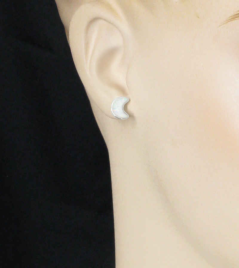 Cute Crescent Moon With Lab Opal Post Earrings | Woot & Hammy