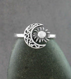 Fancy Crescent Moon And Sun Flower Ring