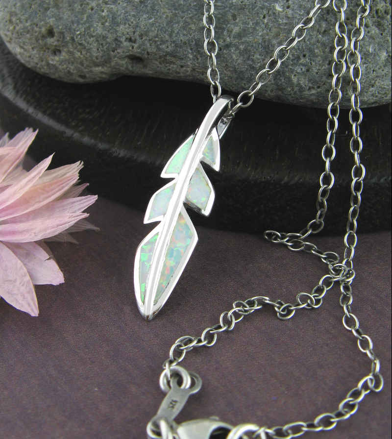 Feather With Lab Opal Infill Pendant | Woot & Hammy