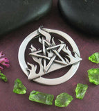 Oxidized Fire Flame Element Pentacle Pendant Necklace Wiccan Pagan Star Pentagram Witch Witchcraft Alchemy Mystical Occult laying flat two