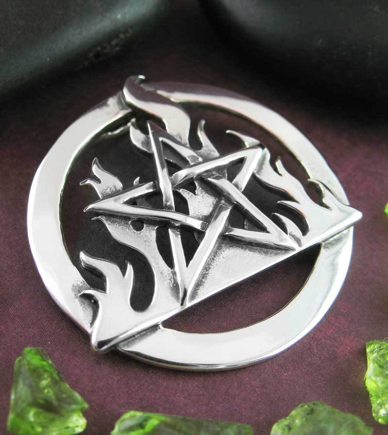 Oxidized Fire Flame Element Pentacle Pendant Necklace Wiccan Pagan Star Pentagram Witch Witchcraft Alchemy Mystical Occult close up