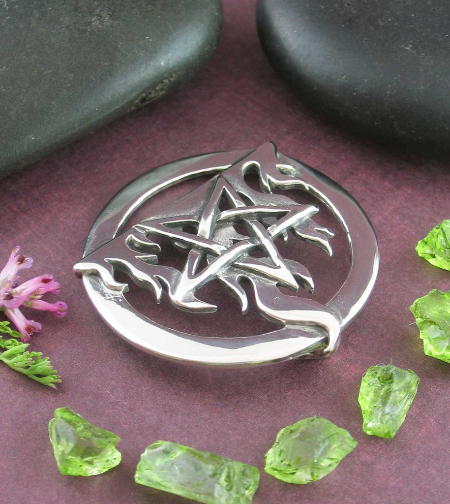 Oxidized Fire Flame Element Pentacle Pendant Necklace Wiccan Pagan Star Pentagram Witch Witchcraft Alchemy Mystical Occult laying flat view from top