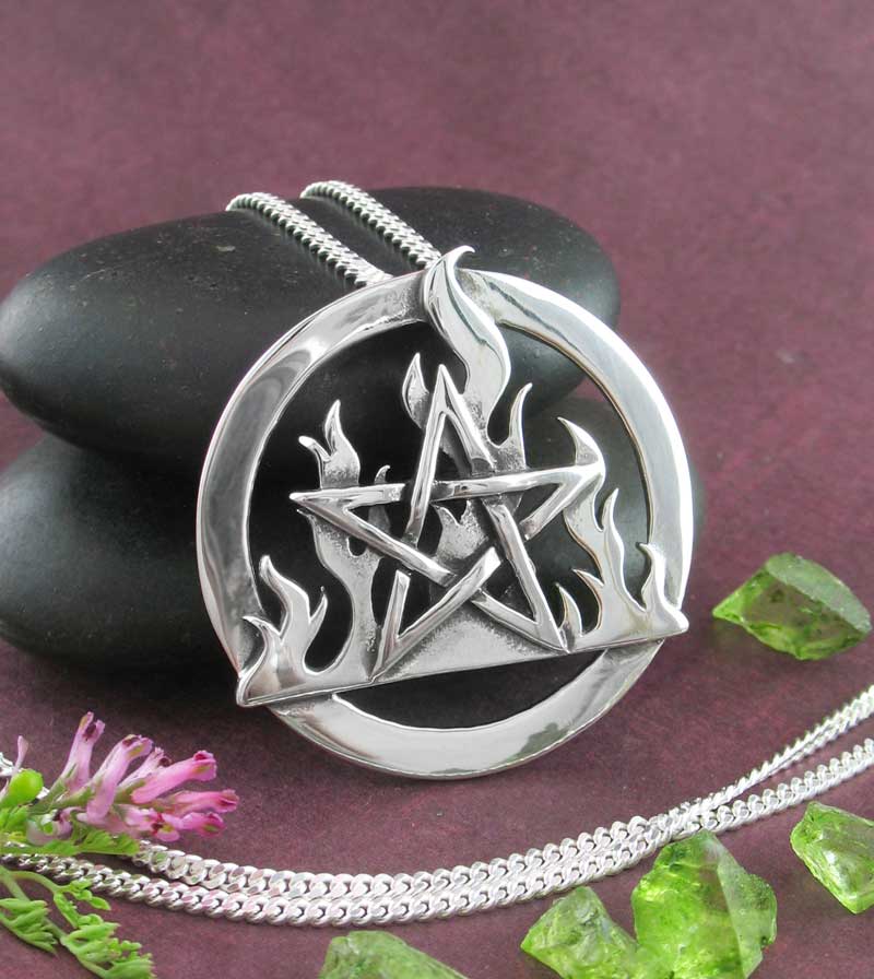 Oxidized Fire Flame Element Pentacle Pendant Necklace Wiccan Pagan Star Pentagram Witch Witchcraft Alchemy Mystical Occult on chain