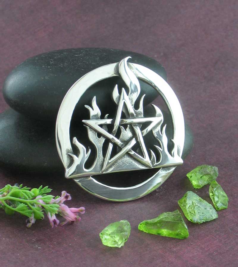 Oxidized Fire Flame Element Pentacle Pendant Necklace Wiccan Pagan Star Pentagram Witch Witchcraft Alchemy Mystical Occult front view