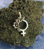 Tiny Feminist Symbol Pendant or Charm with Flowers, Handmade