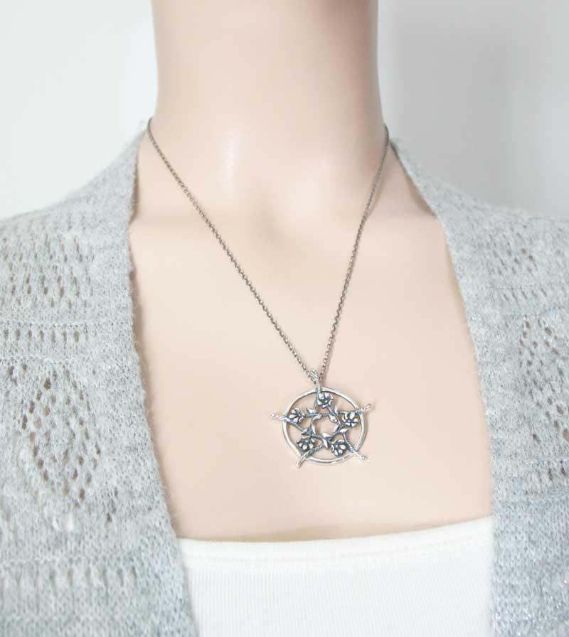 Five Flowers Hidden Pentacle Pentagram Pendant Necklace Antiqued Floral Vine Blossoms Blooms Branch Twig Wiccan Wicca Pagan Witchcraft  on model