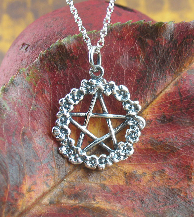 Wreath of Flowers Pentacle Pendant Necklace Sterling Silver