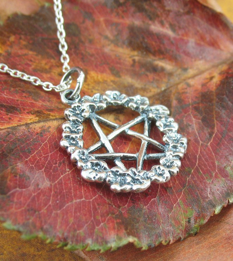 Wreath of Flowers Pentacle Pendant Necklace Sterling Silver