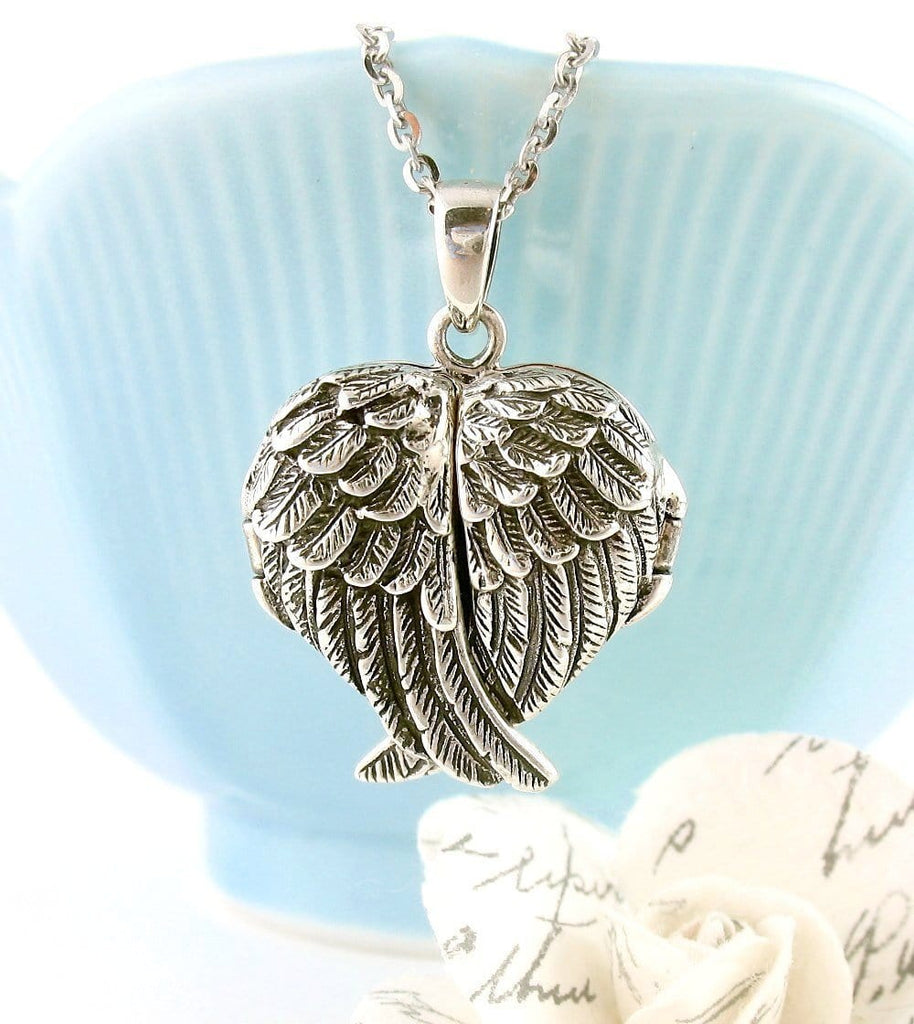 Angel Wings Heart Locket Pendant Sterling Silver