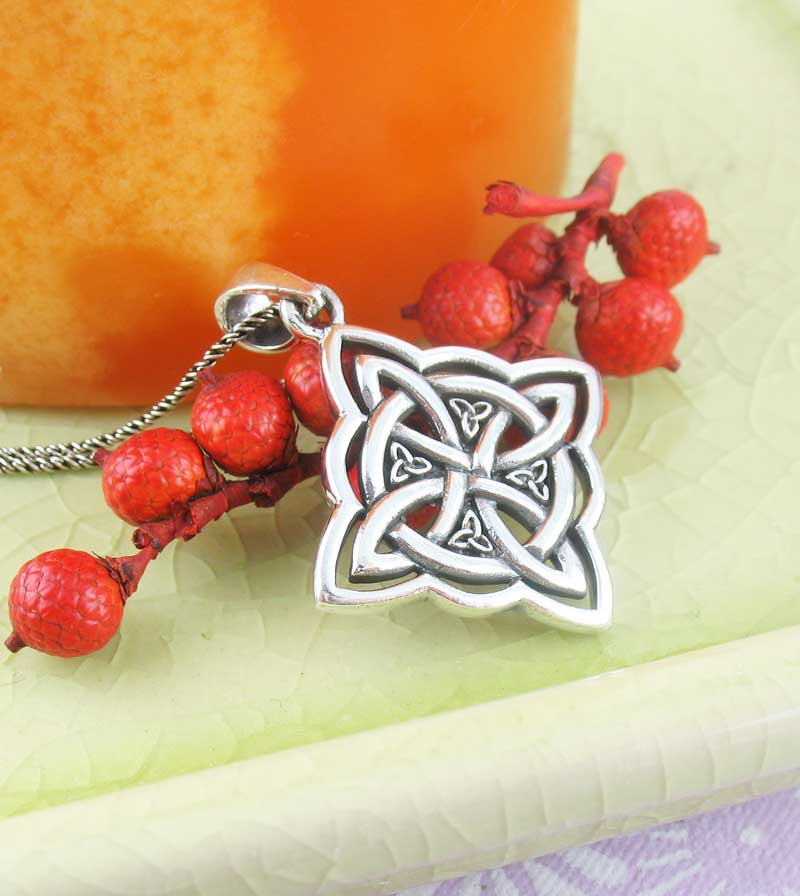 Witch's Knot Four Pointed Celtic Knot Interlaced with a Circle Necklace Sterling Silver Pendant