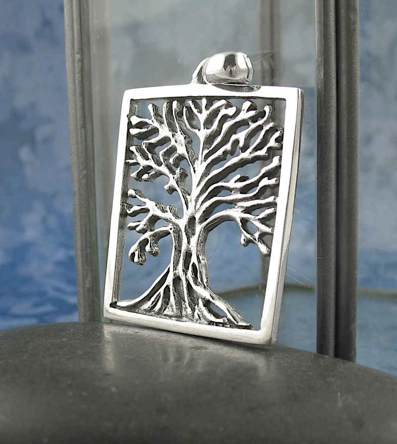 Rectangular Framed Tree of Life Pendant Sterling Silver
