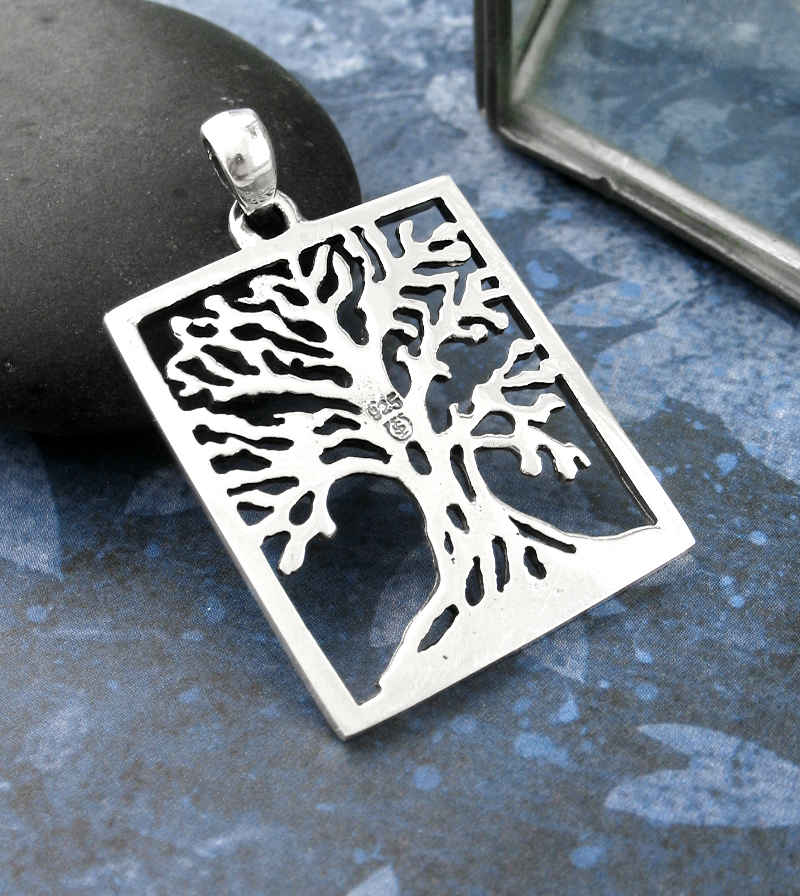 Rectangular Framed Tree of Life Pendant Sterling Silver