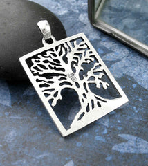 Rectangular Framed Tree of Life Pendant Sterling Silver