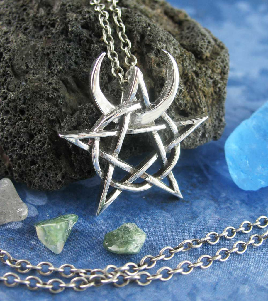 Flower pentacle protection pendant necklace. Pagan Celtic knot star necklace. Metal chain necklace