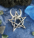 Horned God Pentacle Pentagram Necklace Pendant Cernunnos Pan Wiccan Wicca Pagan Neopagan Witchcraft Occult Crescent Moon laying flat