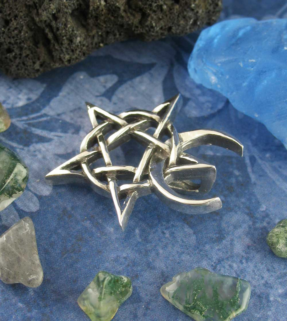 Horned God Pentacle Pentagram Necklace Pendant Cernunnos Pan Wiccan Wicca Pagan Neopagan Witchcraft Occult Crescent Moon laying flat top view