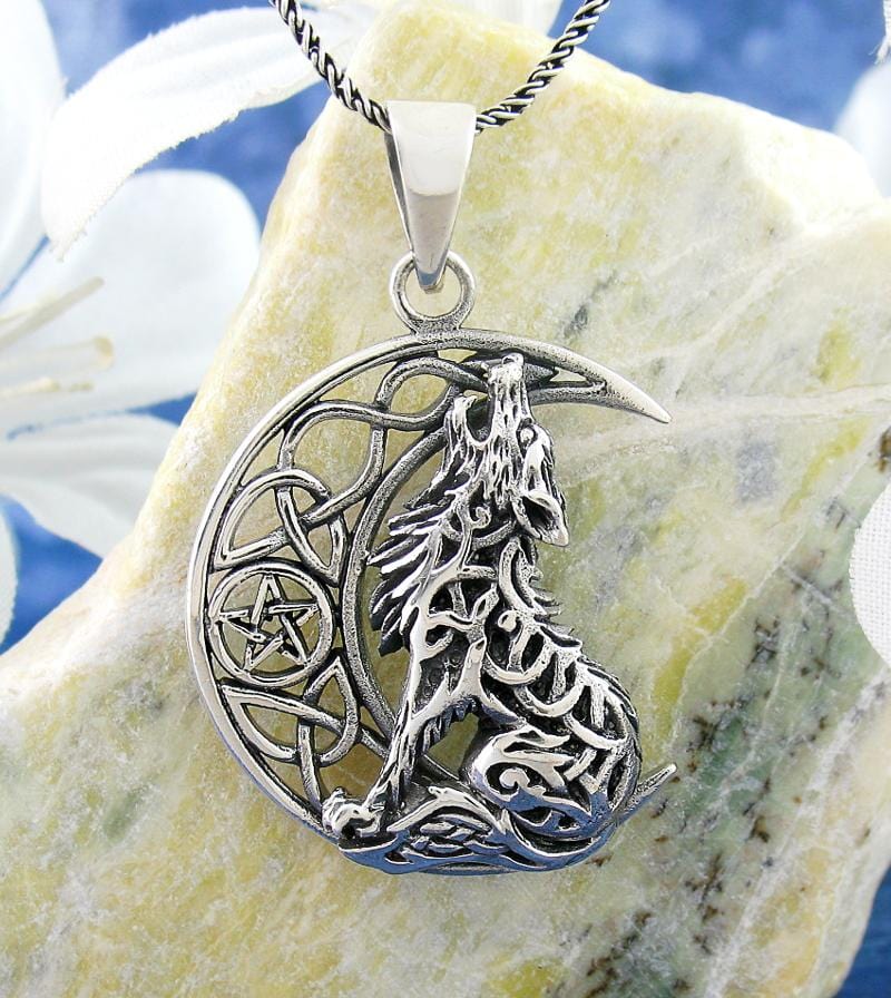 Celtic Wolf Howling at the Crescent Moon Necklace w/ Pentacle Sterling Silver 