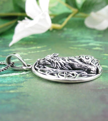 Celtic Wolf Howling at the Crescent Moon Necklace w/ Pentacle Sterling Silver 