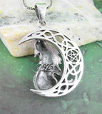Celtic Wolf Howling at the Crescent Moon Necklace w/ Pentacle Sterling Silver 