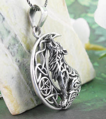 Celtic Wolf Howling at the Crescent Moon Necklace w/ Pentacle Sterling Silver 