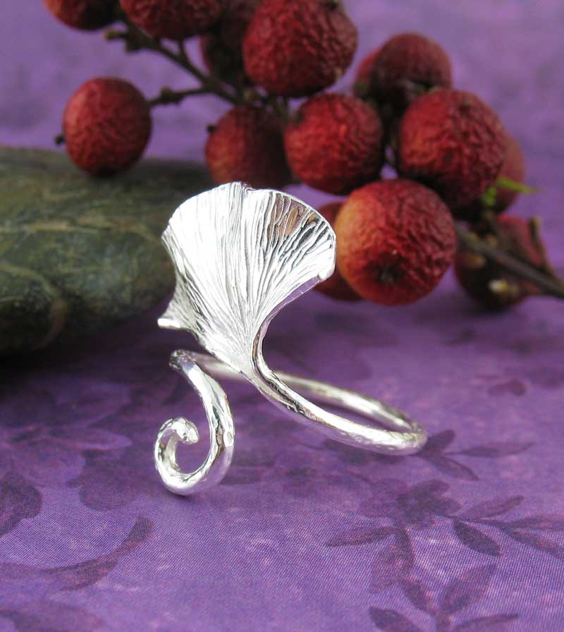 Ginkgo Leaf Wrap Ring With Curling Stem, Adjustable