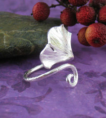 Ginkgo Leaf Wrap Ring With Curling Stem, Adjustable