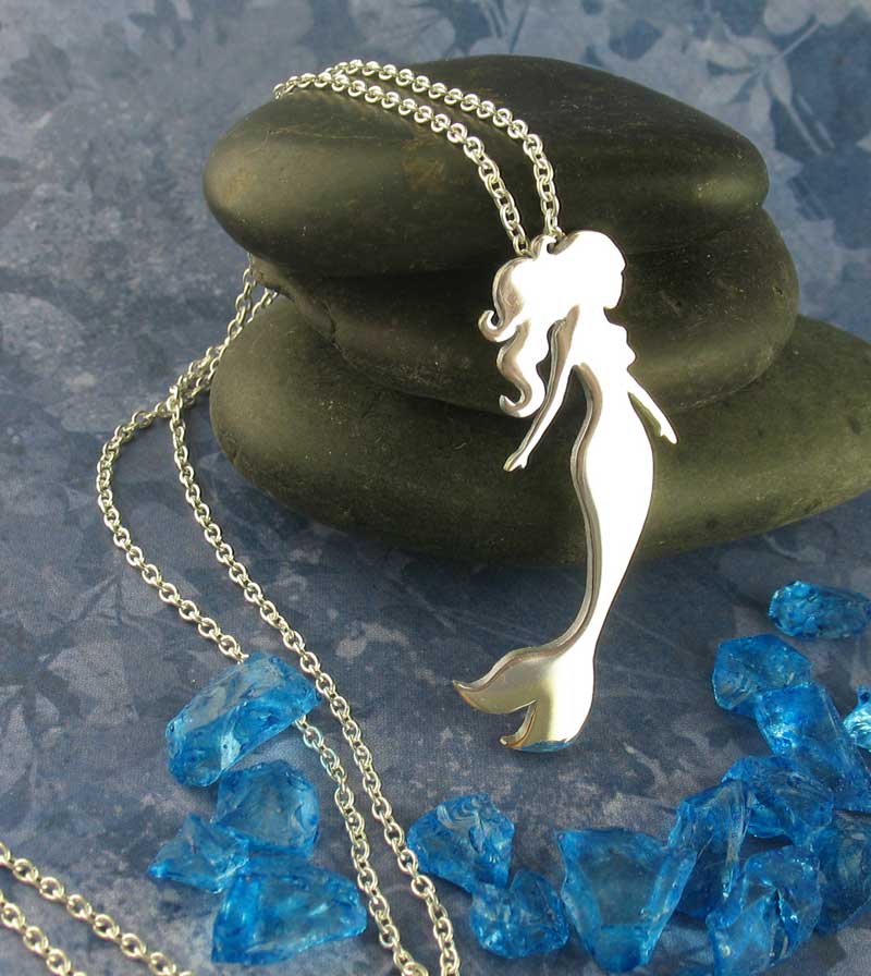 Mermaid Necklace Pendant Charm Silhouette Beach Ocean Sea Waves Surfer Diver Little Tail Scale Birthday Party Gift Mom Women on chain