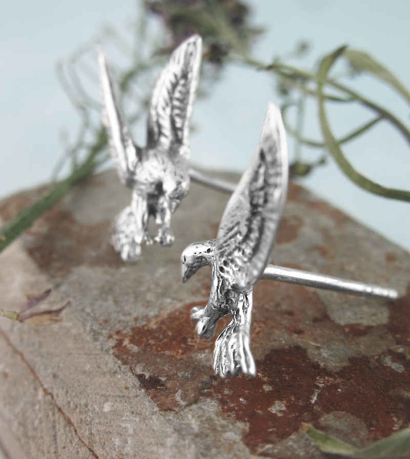 Eagles Post Stud Earrings Flying Bird Stud Biker Hawk Falcon Sterling Silver 