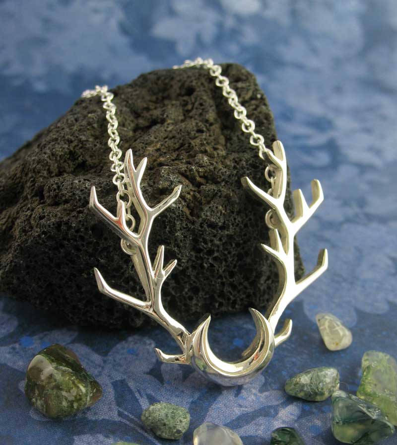 Antlers with Crescent Moon Necklace, Handmade, Sterling Silver