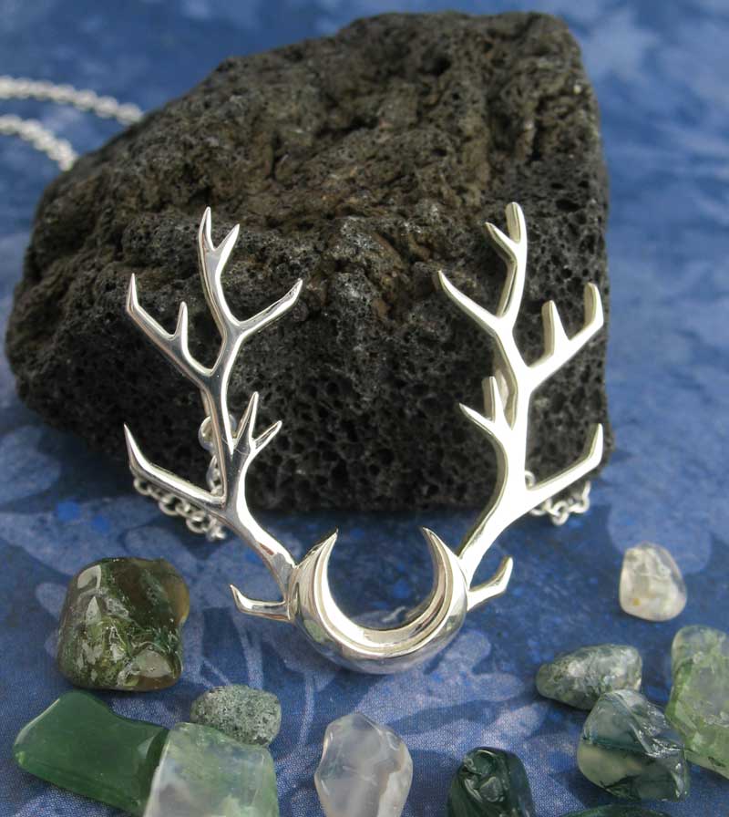 Antlers with Crescent Moon Necklace, Handmade, Sterling Silver