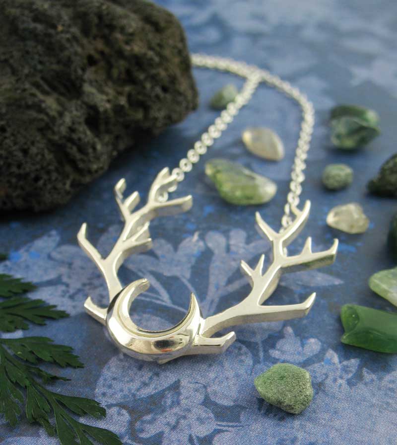 Antlers with Crescent Moon Necklace, Handmade, Sterling Silver