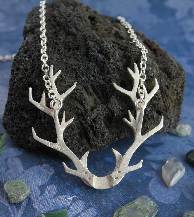 Antlers with Crescent Moon Necklace, Handmade, Sterling Silver