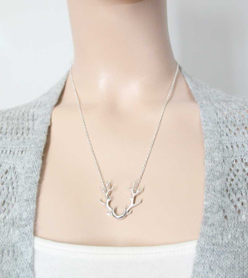 Antlers with Crescent Moon Necklace, Handmade, Sterling Silver