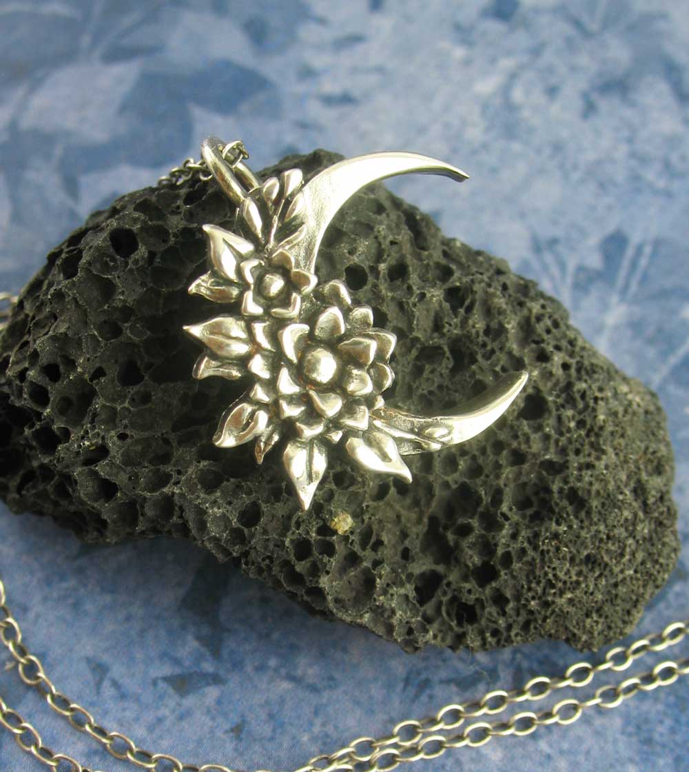 Mystical Flower Floral Crescent Moon Pendant Necklace Wiccan Witchy Wicca Pagan Witchcraft Occult Spiritual Moonchild Jewelry 925 front view two