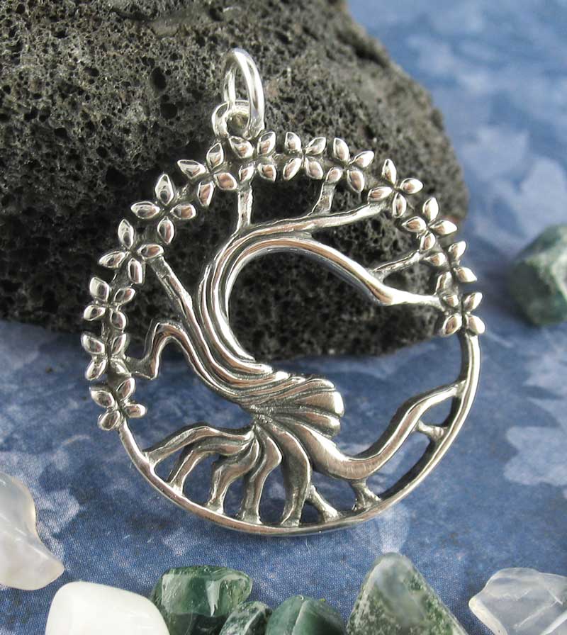 Old Twisty Tree of Life with Flowers Pendant, Handmade Sterling Silver Oxidized