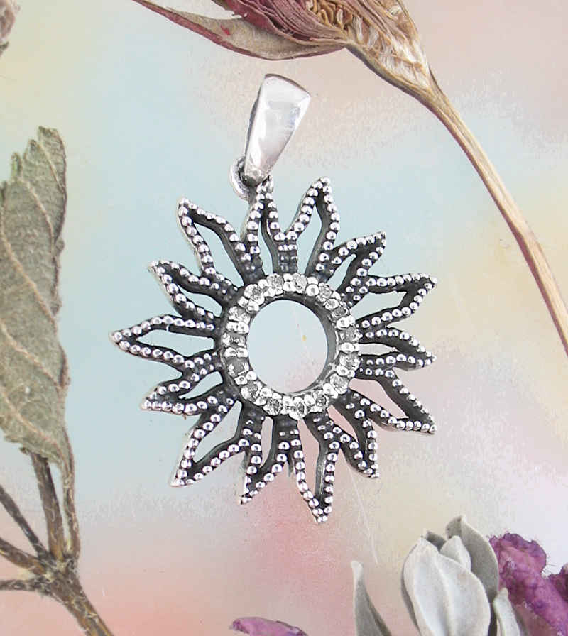 Studded Sunflower Pendant With CZ Simulated Diamonds, Oxidized