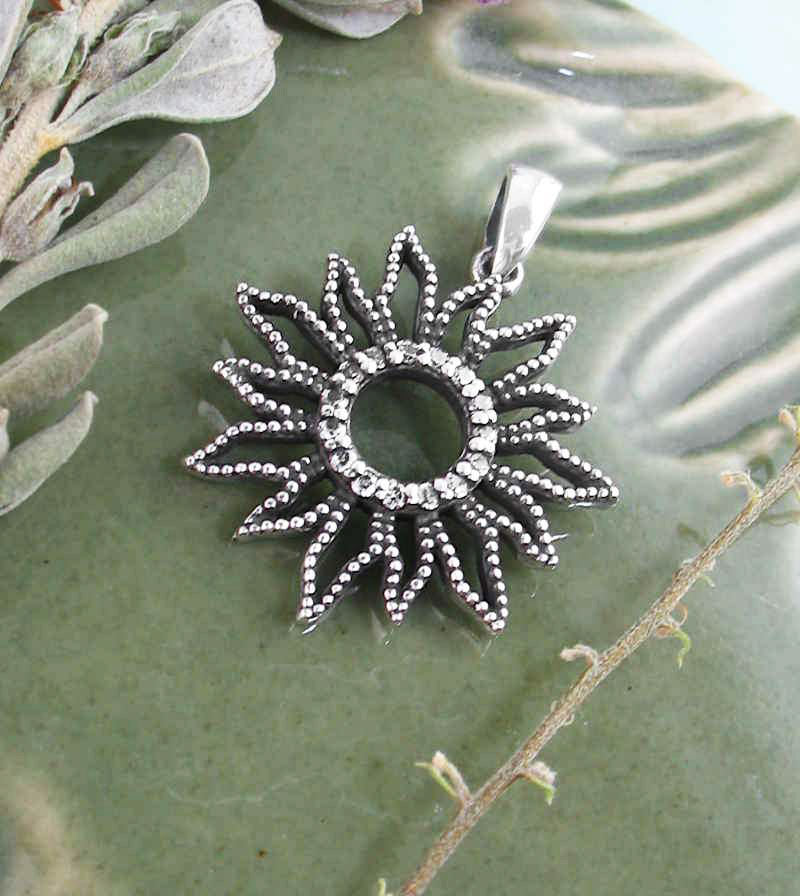 Studded Sunflower Pendant With CZ Simulated Diamonds, Oxidized