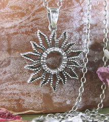 Studded Sunflower Pendant With CZ Simulated Diamonds, Oxidized