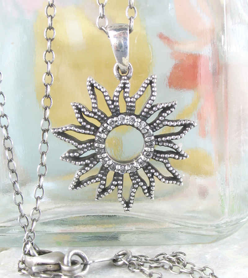 Studded Sunflower Pendant With CZ Simulated Diamonds, Oxidized