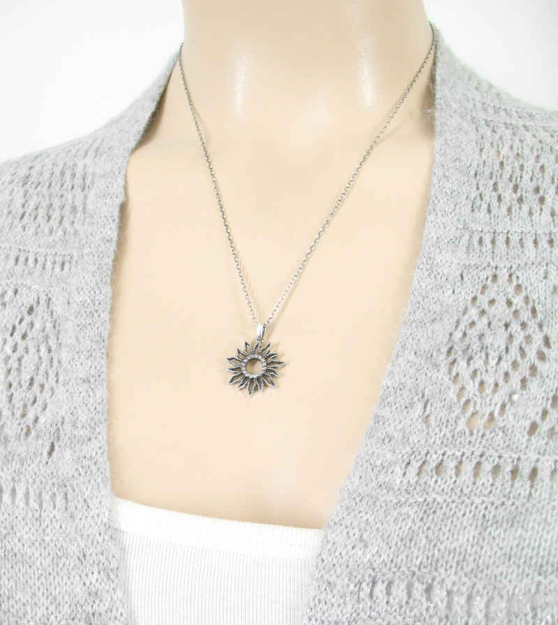 Studded Sunflower Pendant With CZ Simulated Diamonds, Oxidized